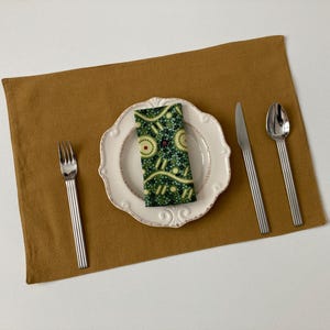 8 pc cotton linen placemat napkin coaster set reversible durable washable eco housewarming hostess gift mustard green yellow beige Mother&#39;s