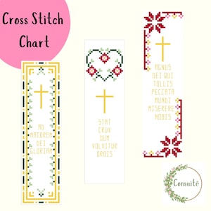 May include: Cross stitch chart featuring three bookmark designs with religious themes. Each bookmark has a gold cross, with decorative borders in green, red, and yellow. Text includes phrases like "Ad Majorem Dei Gloriam" and "Agnus Dei".