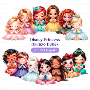 Pack Bébés Princesses Disney PNG | Clipart pour la décoration | Princesses priant pour le baptême | Imprimables bébé princesse | Baptême de la princesse