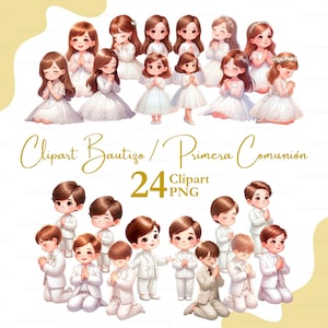 Clipart Bautizo Niños y Niñas PNG | Primera Comunión Imágenes Prediseñadas | Niños Rezando Digital | Arte Imprimible Bautizo Sublimación