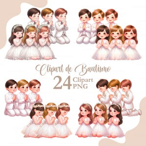 Clipart PNG del battesimo del bambino ad acquerello | Prima Comunione Bambino e Bambina | Arte digitale religiosa | Clipart del battesimo kawaii
