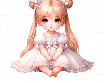 Cute Baby Sailor Moon Clipart PNG | Little Girl in White Dress | Kawaii Anime Digital Art for Invitations, Crafts & Printables | Tender Girl