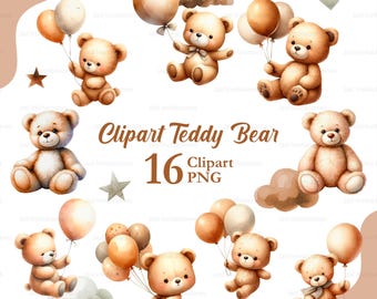 Baby Bear Clipart PNG | Teddy Bear with Balloons, Stars, and Clouds | Cute Brown & Olive Green Digital Art for Invitations and Crafts | Baby Bear