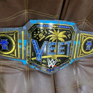New JEY USO YEET Championship Replica Belt  Custom Tropical Design 2mm Brass Plates  Adjustable Leather Strap