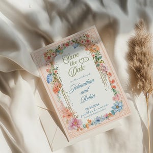 Blumen Aquarell Hochzeit Save the Date Vorlage|Süße Boho Skurrile Vintage Einladung|Bearbeitbar Sofort Download PDF zum Drucken