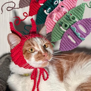 May include: A red crocheted cat hat with two pointed horns and chin ties, worn by an orange and white cat. Above the cat are several additional crocheted pea pod shapes in various colors including brown, red, dark green, pink, light green, and purple.