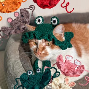 May include: A collection of crocheted animal-themed hats featuring various designs including a green frog, a red crab, an orange fox, a brown mouse, a pink creature, and a cream-coloured animal, all with ruffled brims and dangling ties.