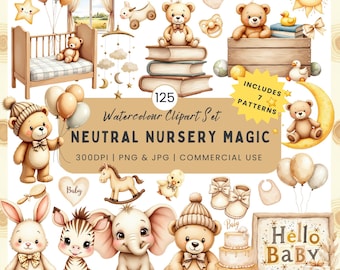 Neutral Nursery Clipart: Beige Cream PNGs, Teddy Bear, Baby Shower Patterns (Digital Download)