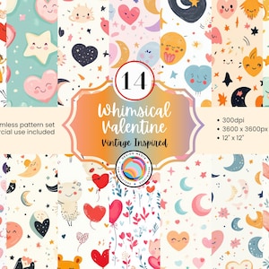 Papel digital de San Valentín caprichoso / Criaturas adorables y patrones retro / Corazones, estrellas, lunas / Bonitas formas pastel