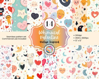 Valentine Digital Paper | Retro Hearts, Stars, Moons (PDF Pattern)