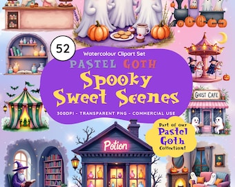 Clipart scène gothique pastel : scènes d'Halloween hantées - Aquarelle PNG (téléchargement numérique)