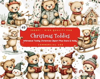 Ensemble de cliparts de Noël ours en peluche - 34 peluches + étoiles + houx, scrapbooking de Noël, fabrication de cartes