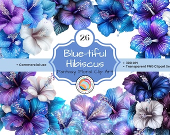 Blue Hibiscus Flower Clipart Bundle - Fantasy Bouquet High Quality 300 DPI PNG Clip Art for Creative Projects, Scrapbooking & Card Making