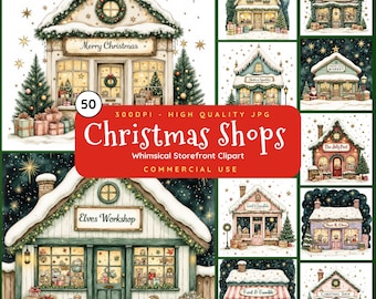 Clipart boutique de Noël : aquarelle pastel devanture de magasin, village de magasins de vacances fantaisistes (JPG), travaux manuels de Noël, fabrication de cartes