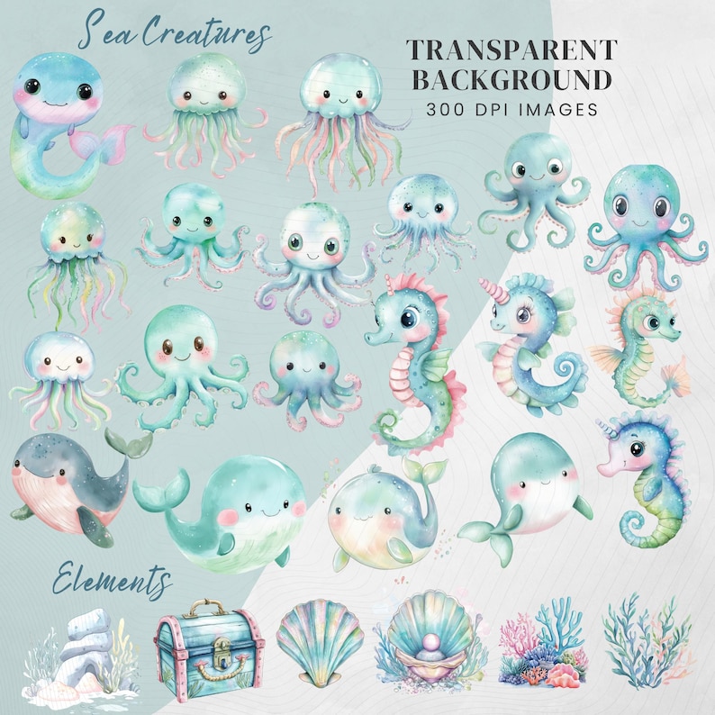 Sea Animals Clipart: Watercolour Undersea Baby Shower Nursery Art (PNG & JPG) Digital Download #DesignMediaElements