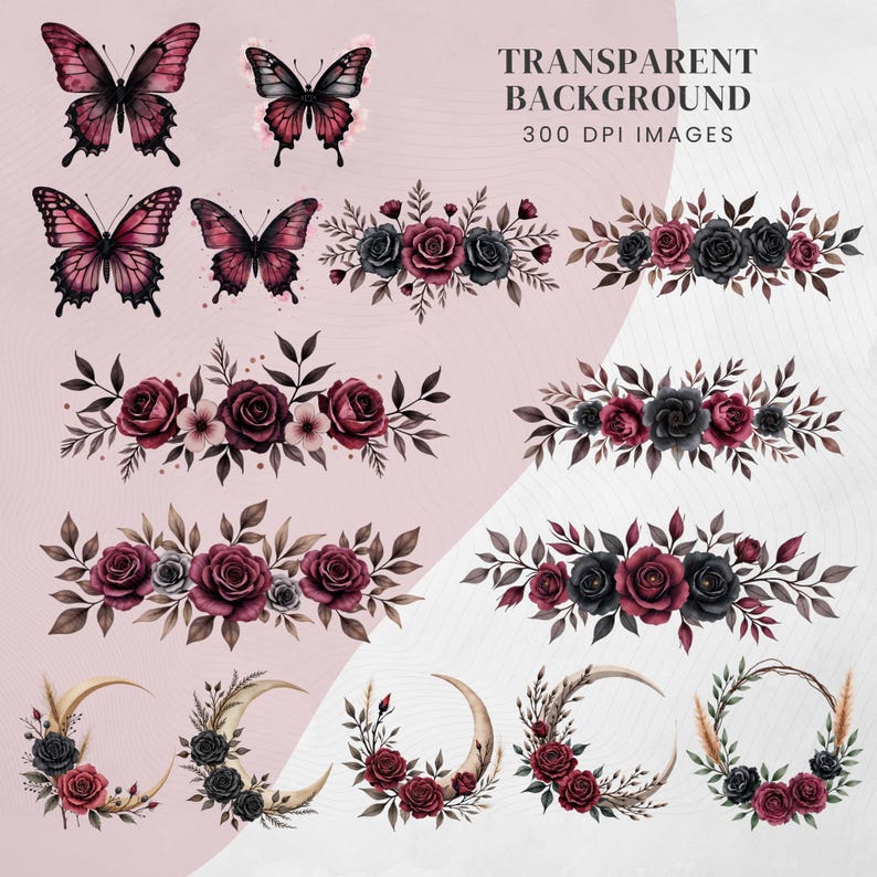May include: A collection of watercolor illustrations featuring butterflies, roses, and floral arrangements in shades of burgundy, black, and blush pink. The text "TRANSPARENT BACKGROUND 300 DPI IMAGES" is visible.
