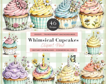 Clipart cupcake, cupcakes floraux pastel aquarelle, desserts fantaisistes, gâteaux de fête, boulangerie mignonne PNG, carnet de scrapbooking