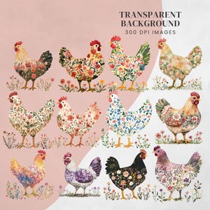 Floral Chicken Clipart: Cottagecore Watercolour PNG (300 DPI) for Crafts