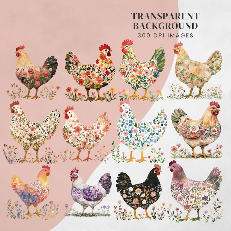 Floral Chicken Clipart: Cottagecore Watercolour PNG (300 DPI) for Crafts