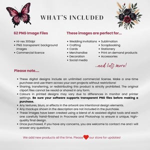 May include: Digital design package details. Includes 62 PNG image files with a commercial license. The images are perfect for wedding invitations, crafting, cards, merchandise, and social media. The design features a butterfly and floral elements.