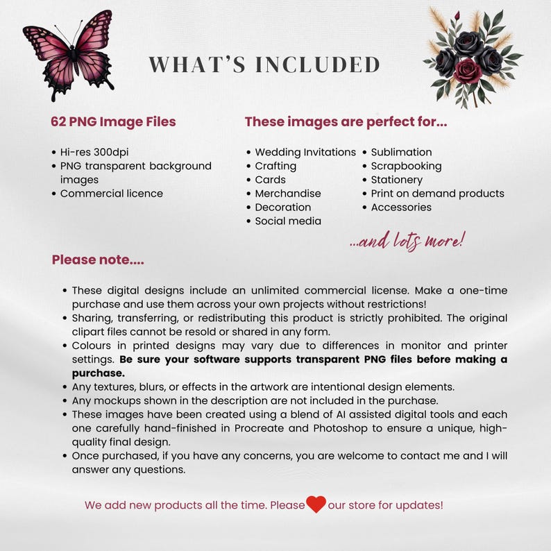 May include: Digital design package details. Includes 62 PNG image files with a commercial license. The images are perfect for wedding invitations, crafting, cards, merchandise, and social media. The design features a butterfly and floral elements.
