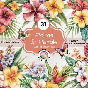 Tropischer Blumenstrauß Clip Art: Bunte Blumen & Palmenblätter Clipart für sofortigen Download, digitale Scrapbooking und Bastelprojekte