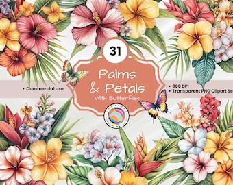May include: A set of 31 digital illustrations featuring tropical flowers, palm leaves, and butterflies. The illustrations are in a watercolor style and are perfect for creating tropical-themed designs.