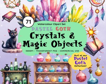 Clipart cristal pastel : tarot, potions, magie (téléchargement numérique PNG)