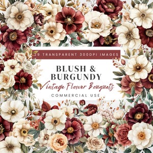 Burgundy Floral Clipart PNG, Ruby Red & Ivory Vintage Flowers (Digital Download)