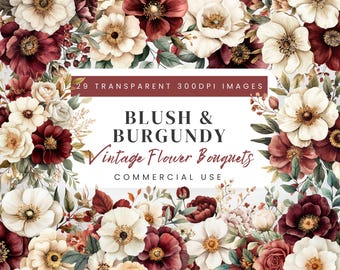 Burgundy Floral Clipart PNG, Ruby Red & Ivory Vintage Flowers (Digital Download)