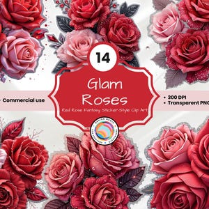 Pacchetto di clipart di rose rosse - 14 adesivi di fiori fantasy glamour di alta qualità in stile per artigianato, scrapbooking, creazione di biglietti, inviti