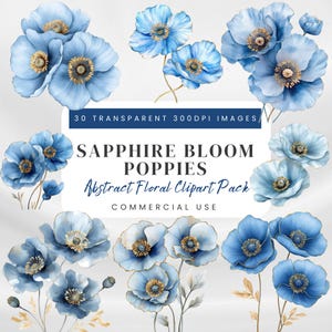Blaue Blume Clipart, abstrakte saphirblaue Mohnblume, Aquarell blau-goldene Mohnblumen, Floral, Scrapbooking-Einladungen und kreative Projekte
