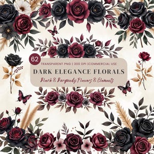 Dark Floral Clipart: Burgundy Roses, Peonies, Bouquets (PNG Download)
