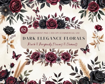 Dark Floral Clipart: Burgundy Roses, Peonies, Bouquets (PNG Download)