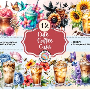Lebhaftes Eisgetränke Clip Art Bundle Set - Kaffeetassen Designs mit Bienen, Schmetterlingen und floralen Elementen