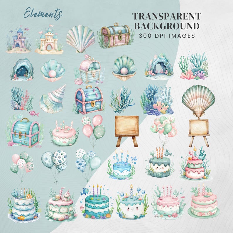 Sea Animals Clipart: Watercolour Undersea Baby Shower Nursery Art (PNG & JPG) Digital Download #DesignMediaElements