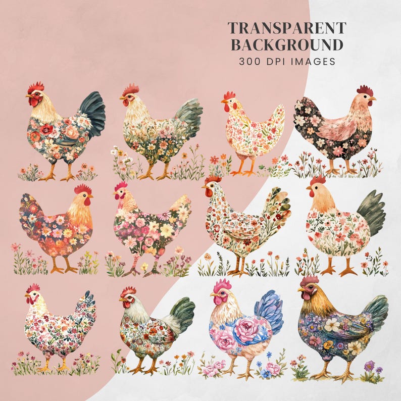 Floral Chicken Clipart: Cottagecore Watercolour PNG (300 DPI) for Crafts