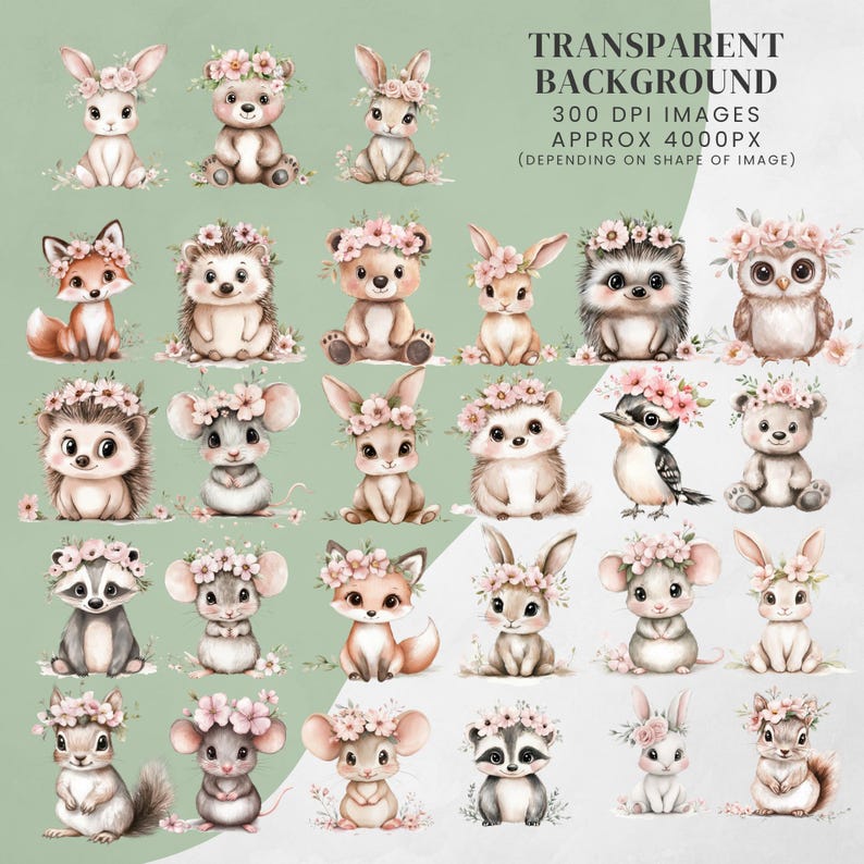 Woodland Baby Animals Clipart Bundle: Watercolour PNG Images for Nursery, Baby Shower (Digital Download)