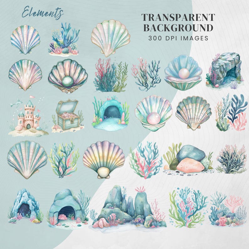 Sea Animals Clipart: Watercolour Undersea Baby Shower Nursery Art (PNG & JPG) Digital Download #DesignMediaElements