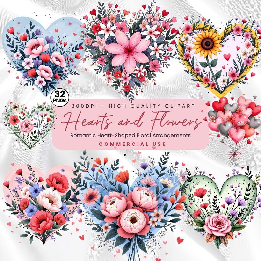 Floral Heart Clipart PNG Set: Romantic Wedding & Valentine Design ...