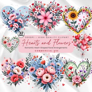 Peut inclure: Une collection d'arrangements floraux en forme de cœur à l'aquarelle. Les motifs présentent diverses fleurs dans les tons de rose, de rouge et de jaune, avec un feuillage vert. L'image comprend le texte "Hearts and Flowers".