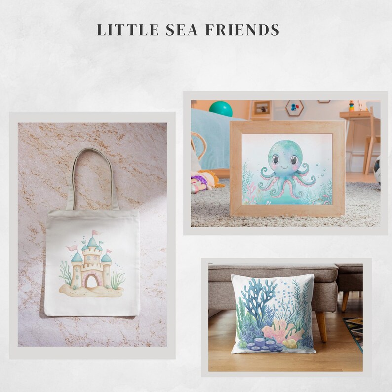 Sea Animals Clipart: Watercolour Undersea Baby Shower Nursery Art (PNG & JPG) Digital Download #DesignMediaElements