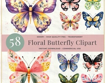 Bundle de cliparts papillon floral – 58 papillons floraux graphiques PNG pour le scrapbooking (téléchargement numérique)