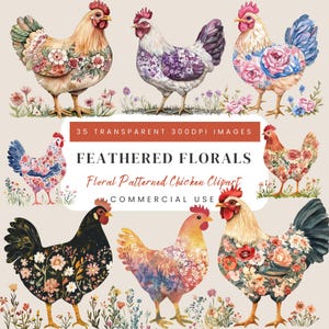 Clipart de pollo floral: 35 imágenes PNG premium de pollos, flores y gallinas de CottageCore, 300 DPI para crear tarjetas, álbumes de recortes y manualidades creativas.