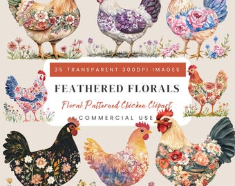 Floral Chicken Clipart: Cottagecore Watercolour PNG (300 DPI) for Crafts