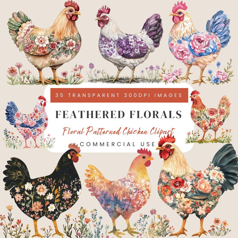 Floral Chicken Clipart: Cottagecore Watercolour PNG (300 DPI) for Crafts