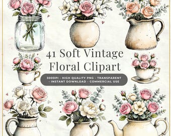 Lot de cliparts roses roses, roses romantiques vintage douces, tasses à thé florales pour carnets indésirables et scrapbooking