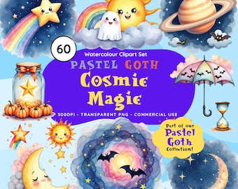 Clipart pastel lune : aquarelles étoiles, planètes, constellations (téléchargement numérique PNG)
