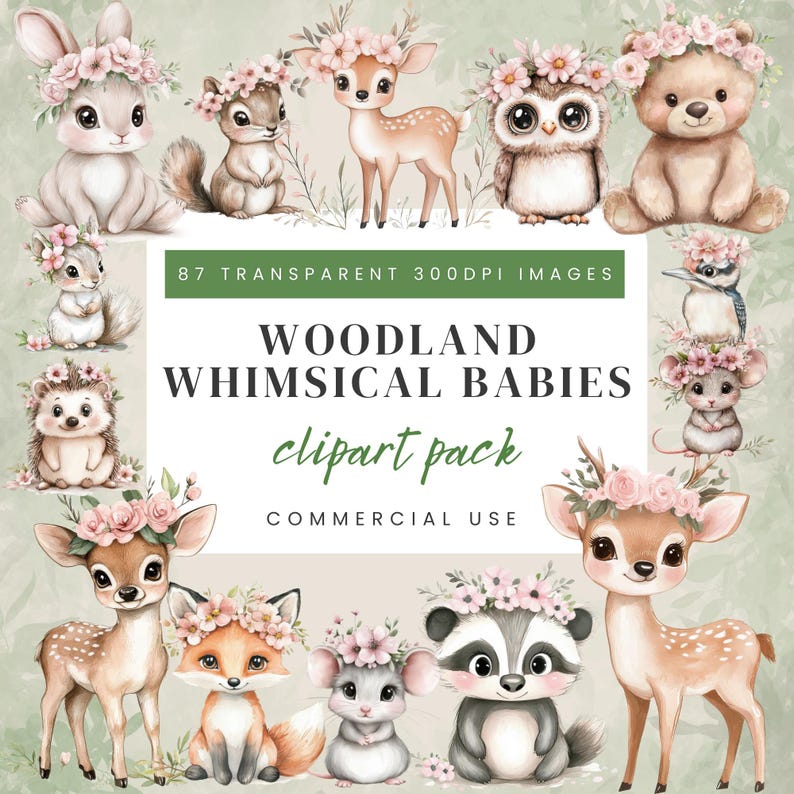 Woodland Baby Animals Clipart Bundle: Watercolour PNG Images for Nursery, Baby Shower (Digital Download)