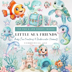 Imágenes prediseñadas de animales marinos / Acuarela de lindos animales bebés submarinos PNG / Arte de pared para guardería, baby shower, álbumes de recortes y sublimación